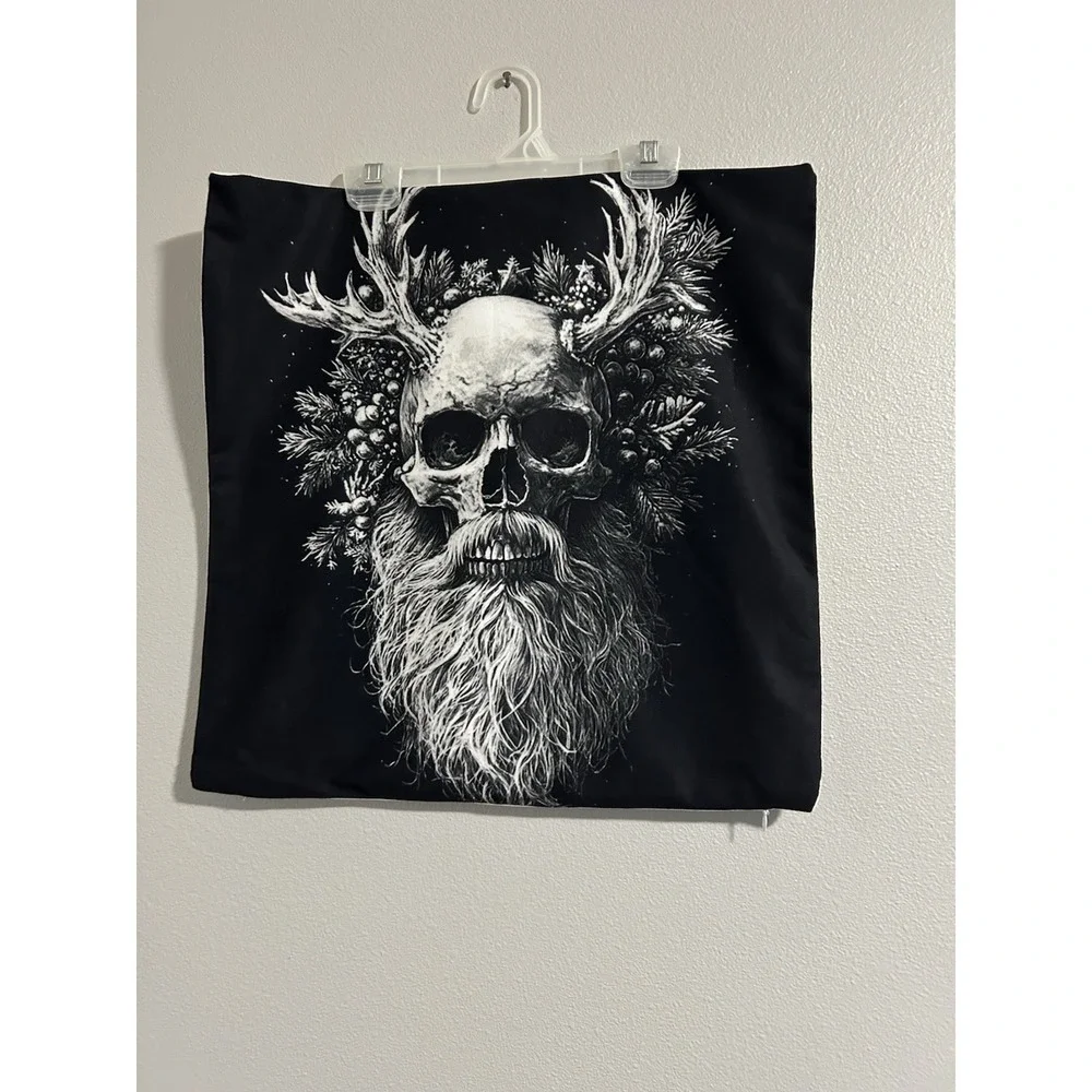 Santa Skull Pillowcase forest spirit pagan aesthetic black white tattoo festive